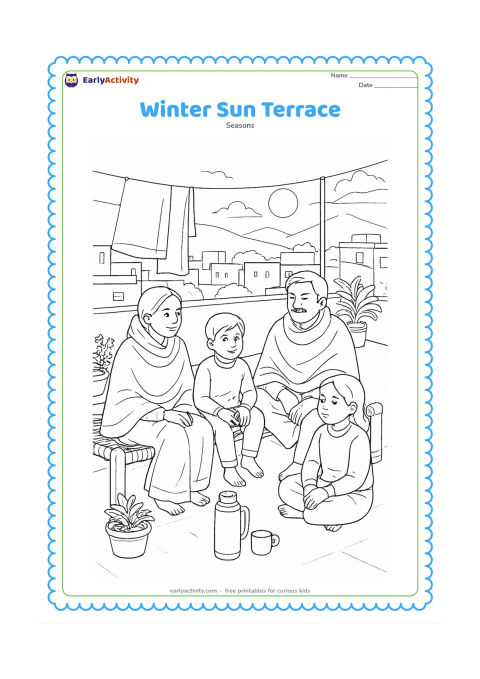 Colouring page: A family relaxes on an Indian home terrace in gentle winter sunlight, with adults in shawls, a child in a sweater, potted plants, a charpai, a thermos and laundry drying nearby. Show…