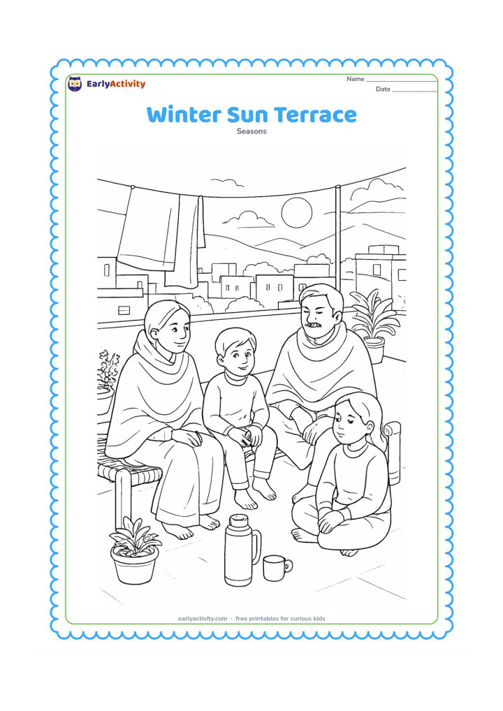 Colouring page: A family relaxes on an Indian home terrace in gentle winter sunlight, with adults in shawls, a child in a sweater, potted plants, a charpai, a thermos and laundry drying nearby. Show…