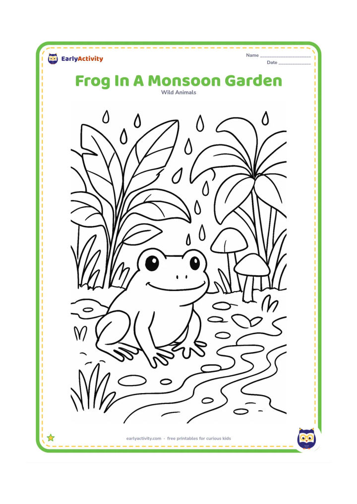 Colouring page: Draw a frog sitting on wet soil in a lush monsoon garden, surrounded by broad tropical leaves, dripping stems, small puddles, mushrooms and tall grass. Include a few raindrops and a…
