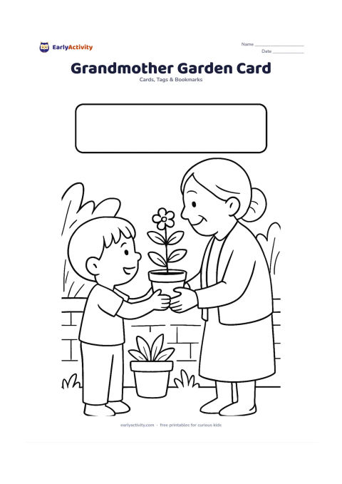 Worksheet: A child gives a potted flowering plant to a smiling grandmother in a home garden, with a low wall, two pots and broad leaves in the background. Add a blank bordered space at the top for…