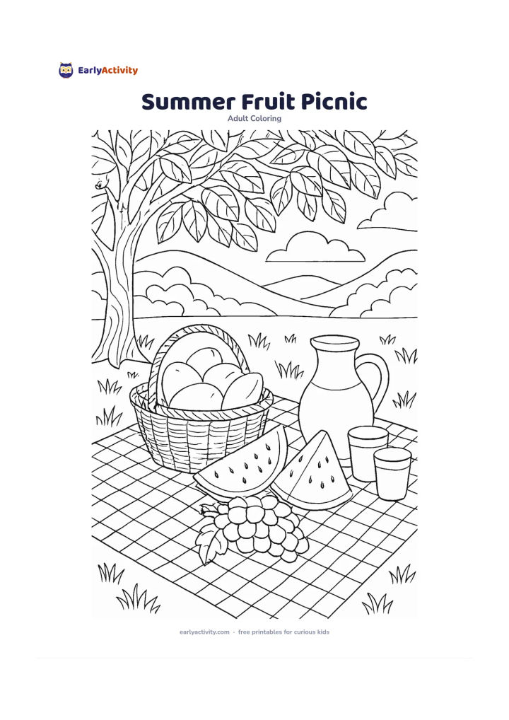 Colouring page: A picnic cloth holds a basket of mangoes, watermelon slices, grapes, a jug and cups beneath a shady tree, with grass and distant hills behind it. Arrange fruit surfaces, cloth squares,…
