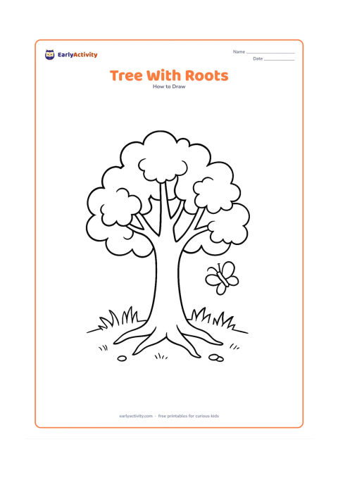 Worksheet: Show a medium-sized tree with a trunk that widens at the ground, several visible roots, branching limbs and uneven leaf clusters. Add grass, a few pebbles and a small butterfly nearby.