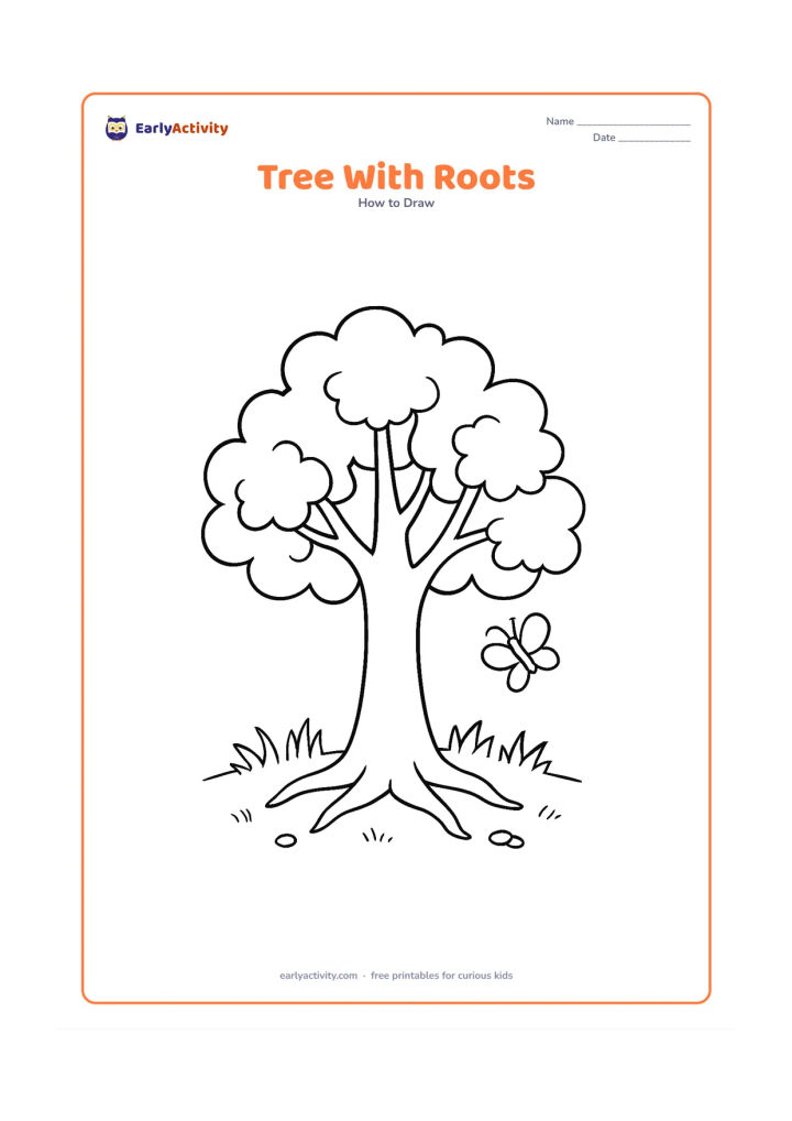 Worksheet: Show a medium-sized tree with a trunk that widens at the ground, several visible roots, branching limbs and uneven leaf clusters. Add grass, a few pebbles and a small butterfly nearby.