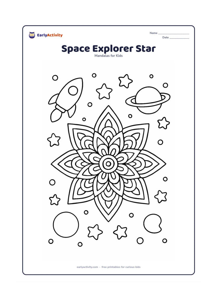 Colouring page: Draw a central star mandala floating in space, surrounded by a small rocket, a crescent planet, a ringed planet and scattered rounded stars. Keep the rocket plain with no symbols,…