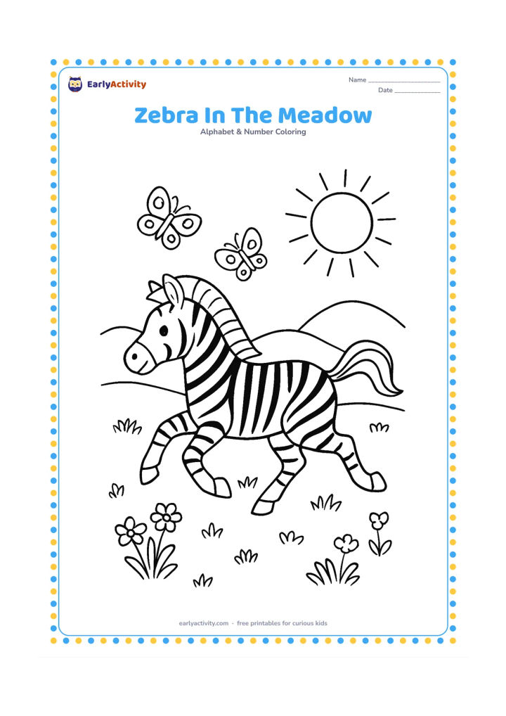Colouring page: Draw a zebra galloping across a meadow with its mane and tail flowing, while two butterflies fly nearby. Add rolling hills, wildflowers and a bright sun in the background.