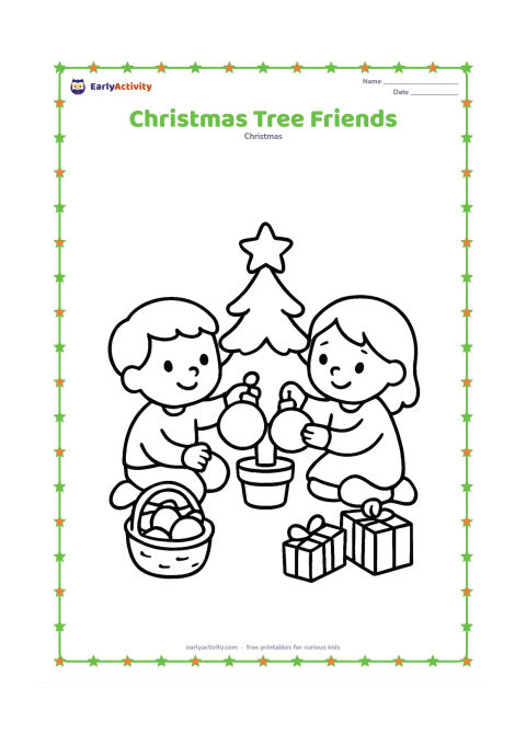 Colouring page: Two children sit on the floor together, placing large round ornaments on a small Christmas tree. Show a basket of simple decorations and two wrapped gifts nearby.
