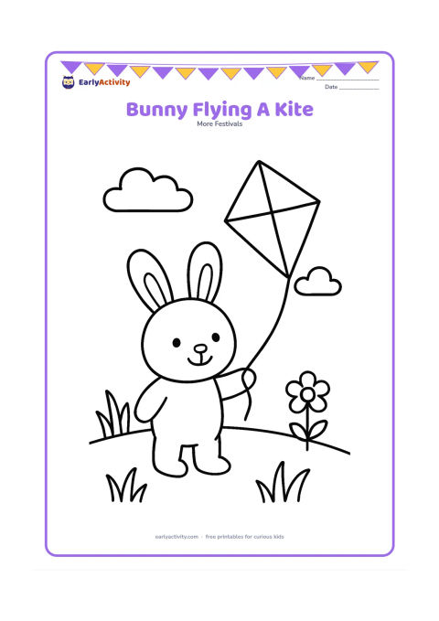 Colouring page: A bunny stands in a spring meadow holding a kite string; the kite is a large diamond shape with two broad decorative sections. Add two simple clouds, one flower and a few wide grass blades.