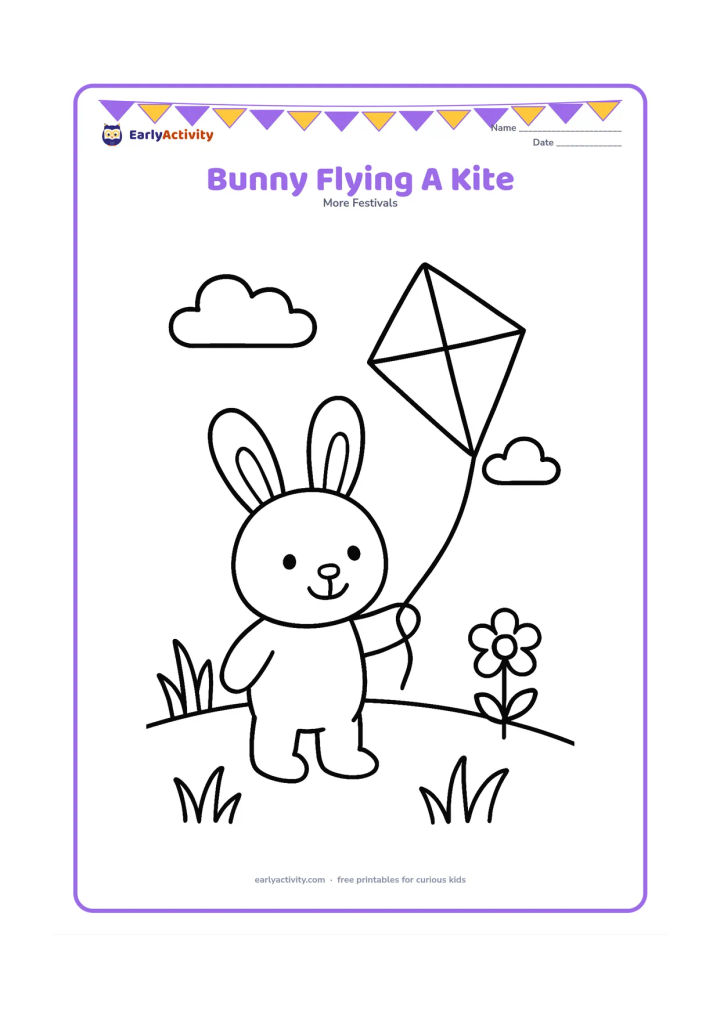 Colouring page: A bunny stands in a spring meadow holding a kite string; the kite is a large diamond shape with two broad decorative sections. Add two simple clouds, one flower and a few wide grass blades.