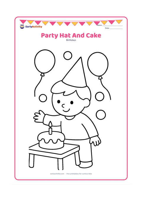 Colouring page: A child wearing a large cone party hat reaches toward a small cake on a low table. Add two balloons and a few large round decorations in the background.
