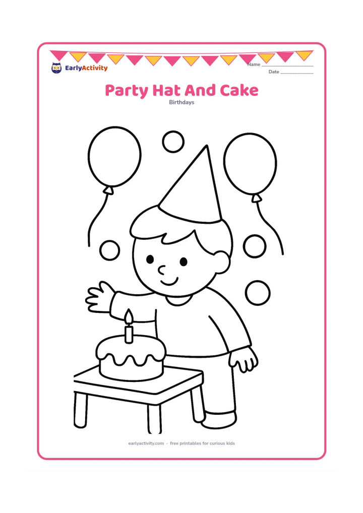 Colouring page: A child wearing a large cone party hat reaches toward a small cake on a low table. Add two balloons and a few large round decorations in the background.