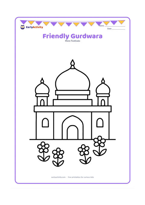 Colouring page: Draw a simple front view of a welcoming gurdwara with a large central dome, two smaller domes, an arched doorway and a few flowers in front. Keep the building centered with wide open…