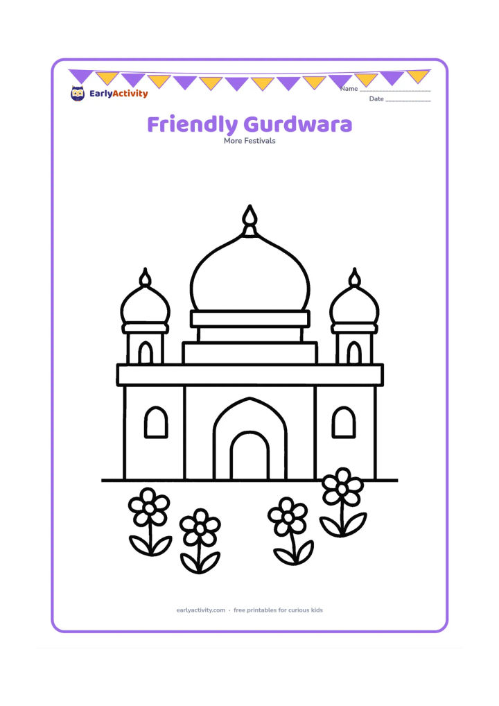 Colouring page: Draw a simple front view of a welcoming gurdwara with a large central dome, two smaller domes, an arched doorway and a few flowers in front. Keep the building centered with wide open…
