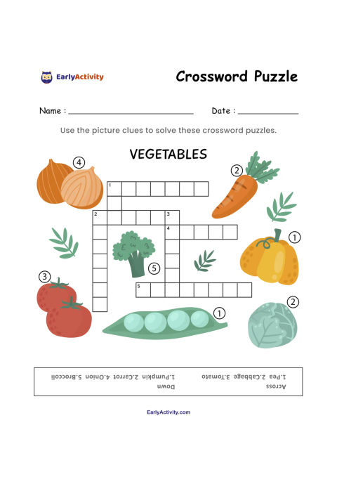 Worksheet with a vegetable crossword puzzle and picture clues showing carrots, tomatoes, peas, cabbage, broccoli, peppers and pumpkins.