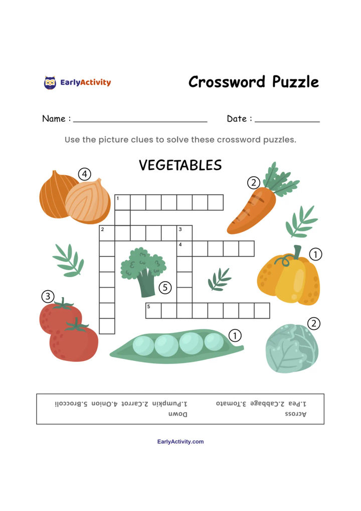 Worksheet with a vegetable crossword puzzle and picture clues showing carrots, tomatoes, peas, cabbage, broccoli, peppers and pumpkins.