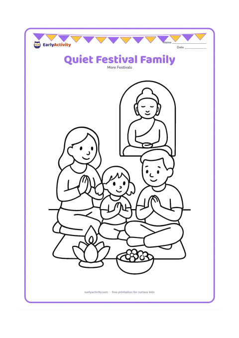 Colouring page: A family sits together on a floor mat beside a small lotus-shaped lamp and a bowl of flowers. A calm Buddha picture shape may appear on the wall without any frame markings or writing.