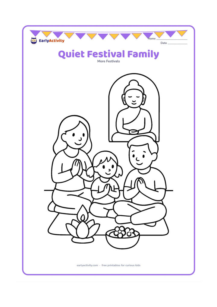 Colouring page: A family sits together on a floor mat beside a small lotus-shaped lamp and a bowl of flowers. A calm Buddha picture shape may appear on the wall without any frame markings or writing.