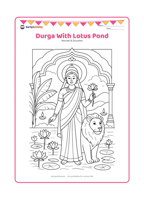 Colouring page: Draw Goddess Durga standing peacefully beside a lotus pond, with a lion resting at her side and a lotus held in one hand. Surround her with arched temple details, lotus flowers, banana…