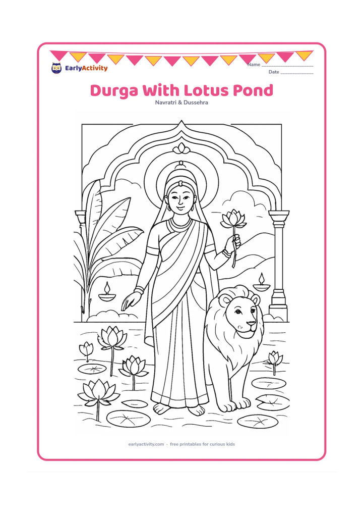 Colouring page: Draw Goddess Durga standing peacefully beside a lotus pond, with a lion resting at her side and a lotus held in one hand. Surround her with arched temple details, lotus flowers, banana…