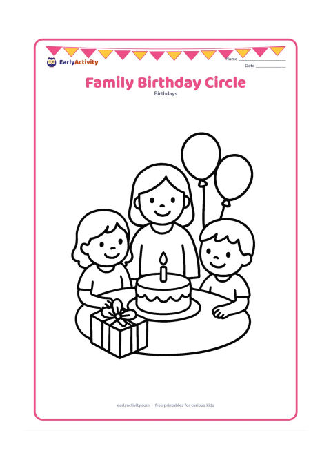 Colouring page: Two children and an adult sit around a small table with a birthday cake, one gift, and two balloons. Show everyone smiling and facing the cake.