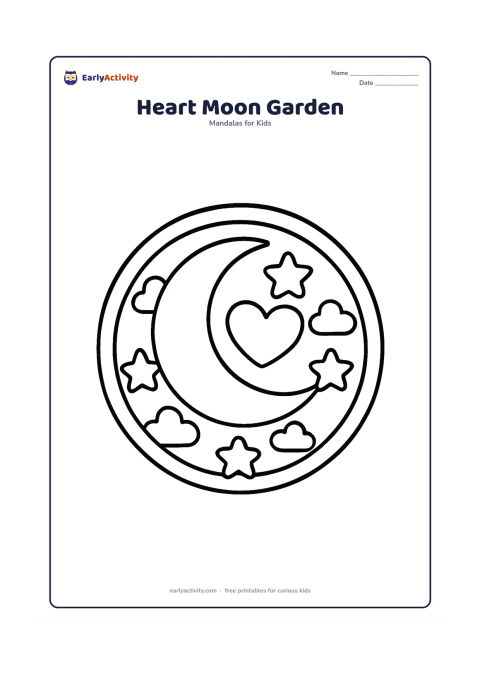 Colouring page: Draw a circular night-themed mandala with a large crescent moon enclosing a heart, broad stars, and simple clouds arranged in repeating rings. Keep the moon and stars rounded and friendly.