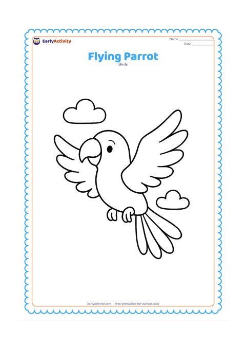 Colouring page: Draw one parrot flying with wings spread wide, tail feathers fanned, and feet tucked underneath. Add two simple cloud shapes behind it and leave the rest of the page open.