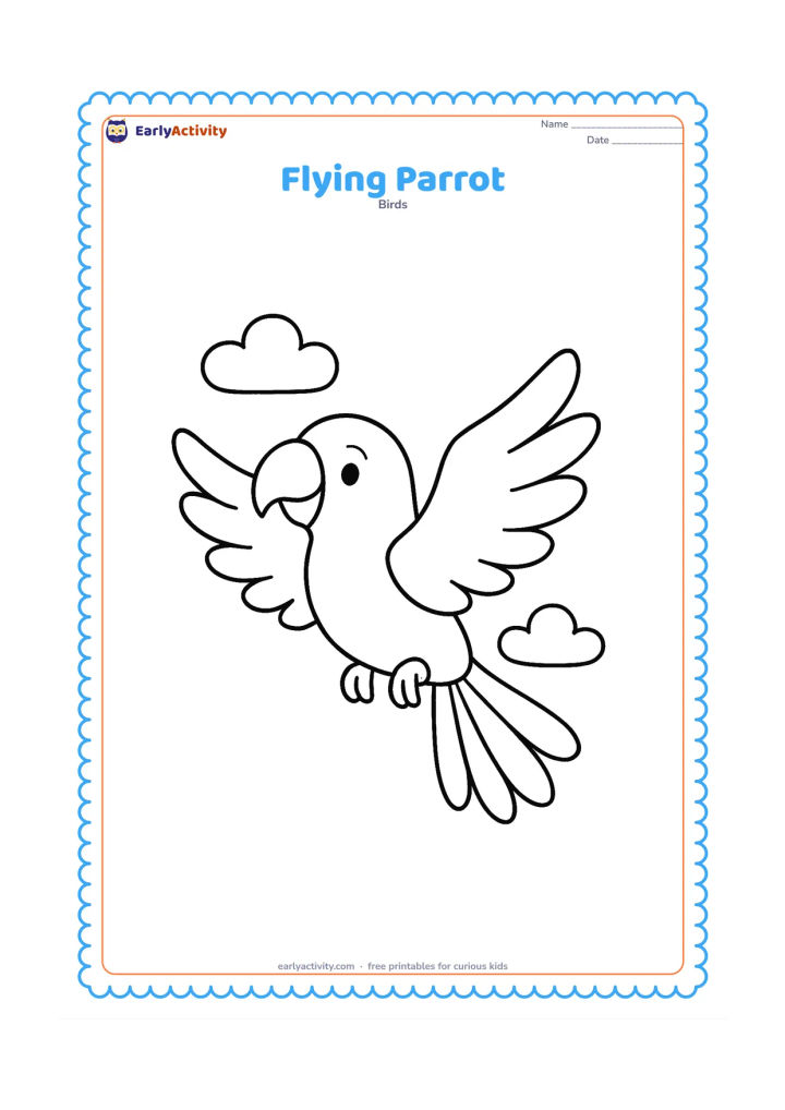 Colouring page: Draw one parrot flying with wings spread wide, tail feathers fanned, and feet tucked underneath. Add two simple cloud shapes behind it and leave the rest of the page open.