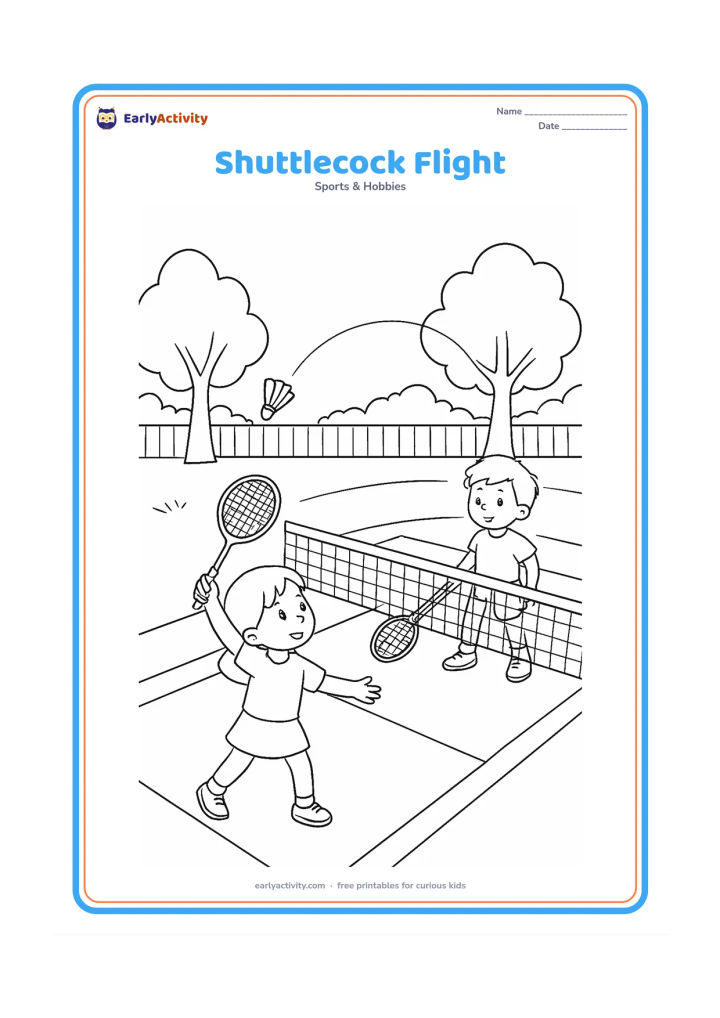Colouring page: Draw a child making an overhead shot while another child prepares across the net, with a curved trail showing the shuttlecock's flight. Include court lines, trees and a simple school fence.