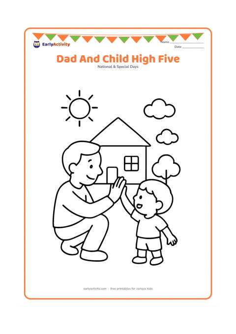 Colouring page: A father and child give each other a high five in front of a simple house, with a sun, two clouds and a small tree.
