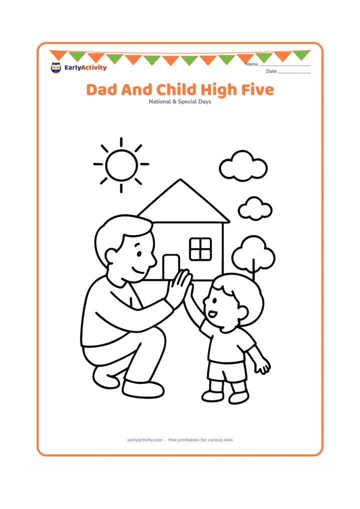 Colouring page: A father and child give each other a high five in front of a simple house, with a sun, two clouds and a small tree.