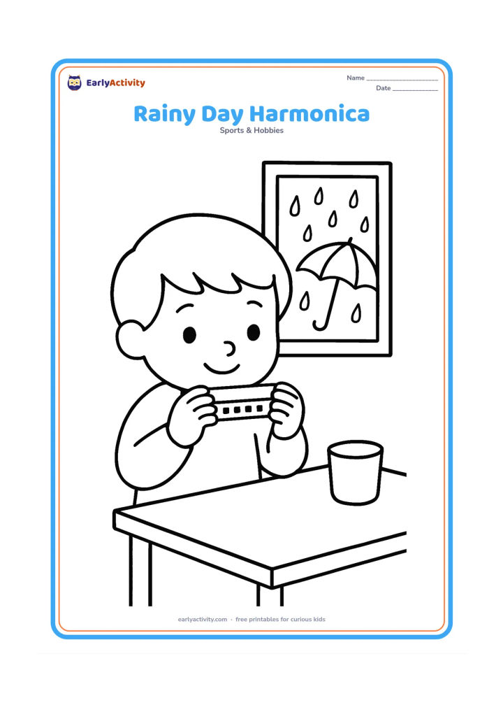 Colouring page: A child holding a small harmonica with both hands indoors beside a window showing raindrops and an umbrella outside. Add a simple table and cup.