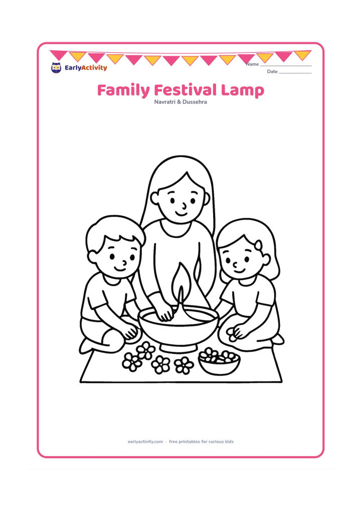 Colouring page: Draw two children and an adult sitting safely beside a large diya, placing flowers around it during a home celebration. Add a simple mat and a small bowl of petals.