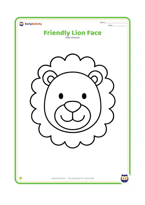 Colouring page: A large, smiling lion face fills the page, with a round muzzle, simple eyes, ears, and a full mane made of broad scalloped shapes. Leave the background blank and keep the facial features…