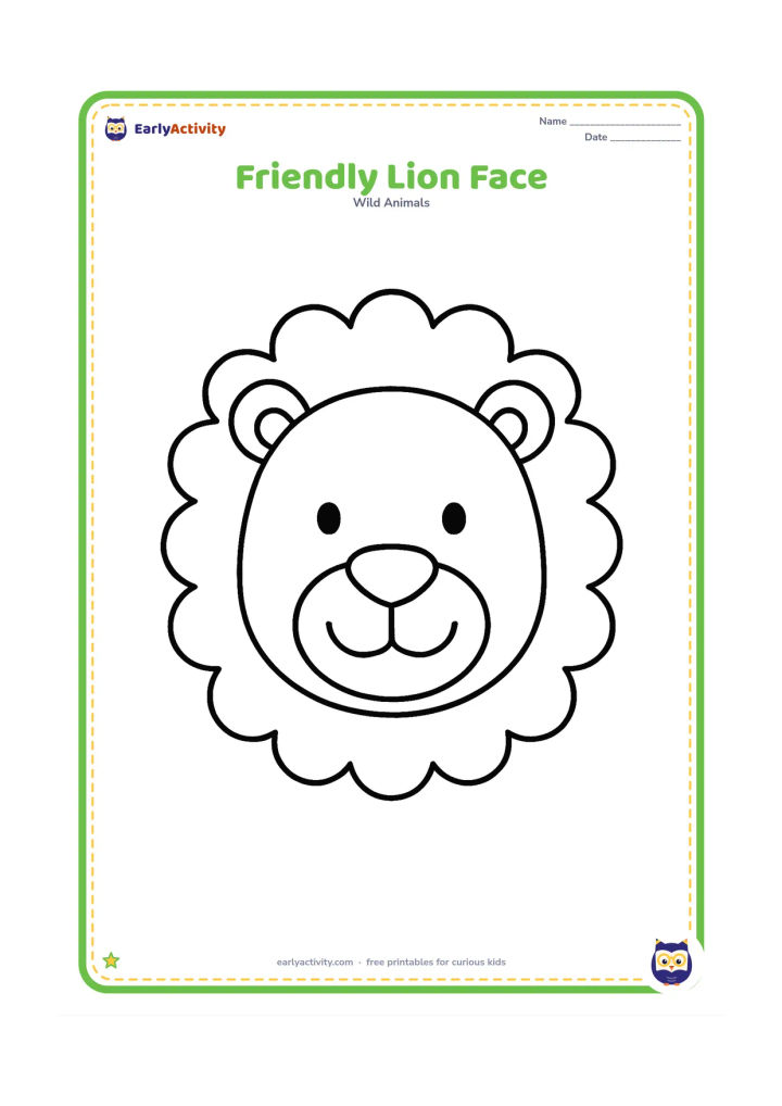 Colouring page: A large, smiling lion face fills the page, with a round muzzle, simple eyes, ears, and a full mane made of broad scalloped shapes. Leave the background blank and keep the facial features…