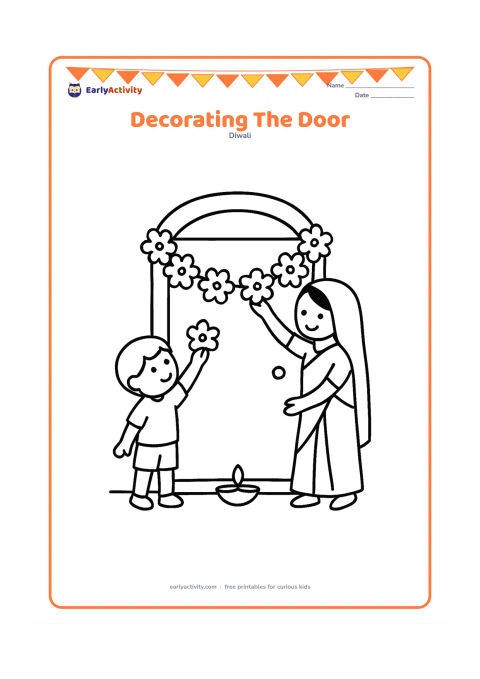 Colouring page: Draw a child placing a large flower garland around the doorway of an Indian home while an adult holds the other end. Include a single diya on the doorstep and a plain door.