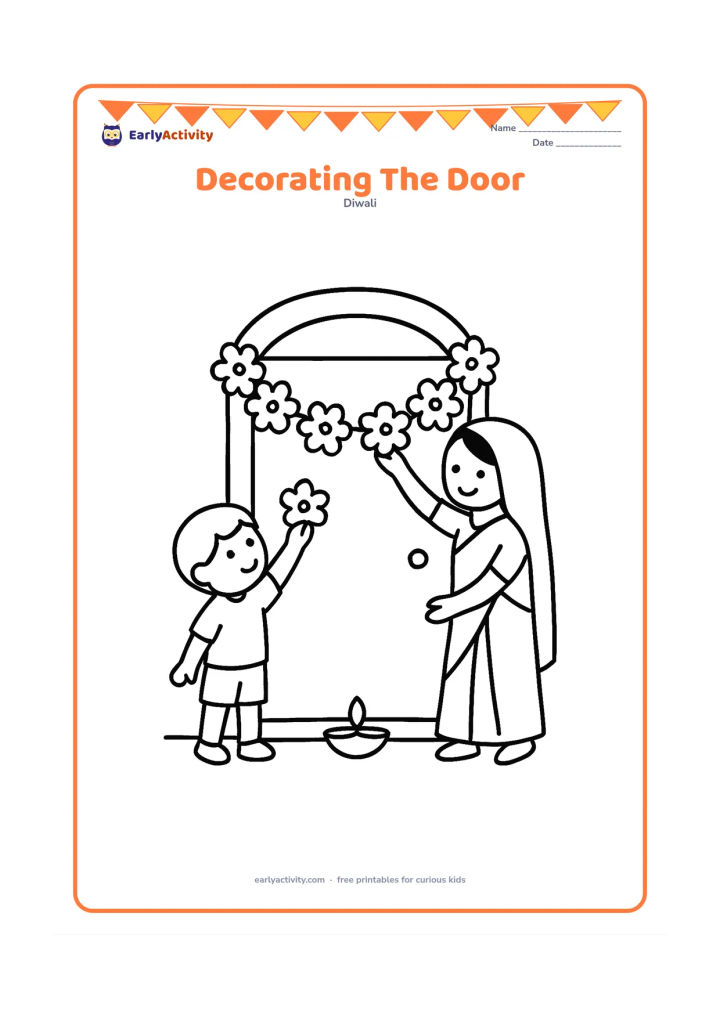 Colouring page: Draw a child placing a large flower garland around the doorway of an Indian home while an adult holds the other end. Include a single diya on the doorstep and a plain door.