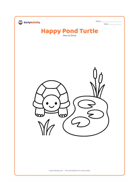 Worksheet: Draw a front-facing turtle beside a small pond, using a broad shell, round head and four short legs. Add three large lily pads and two simple reeds around the pond.