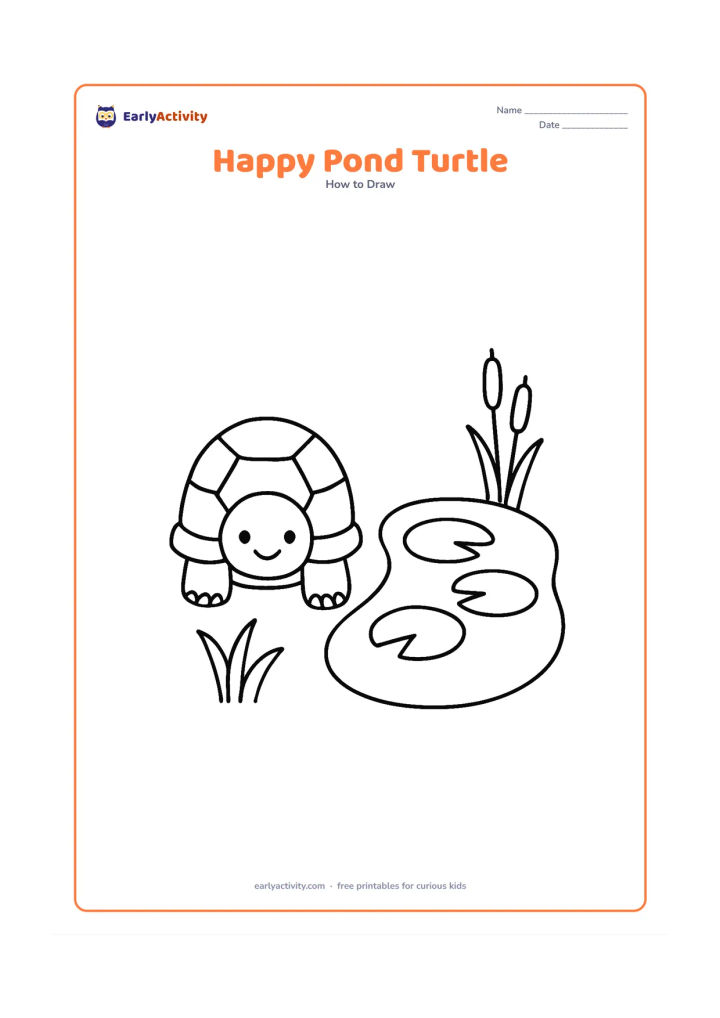 Worksheet: Draw a front-facing turtle beside a small pond, using a broad shell, round head and four short legs. Add three large lily pads and two simple reeds around the pond.