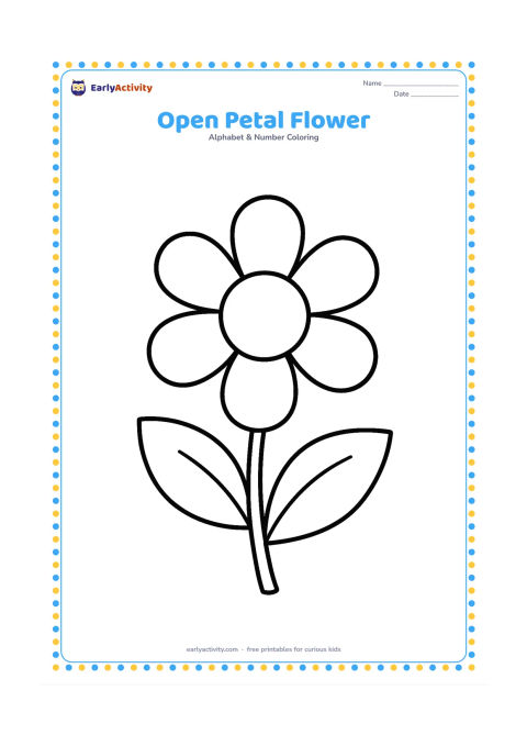 Colouring page: Draw one large flower with a round center, six open petals, a curved stem and two broad leaves. Place it alone in the middle of the page.