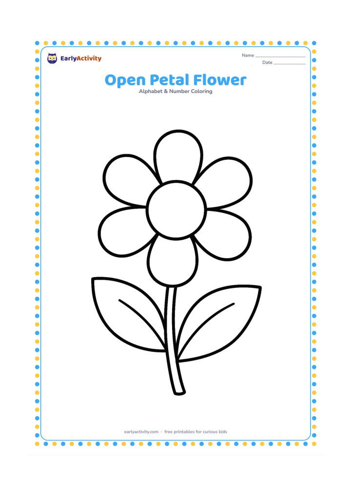 Colouring page: Draw one large flower with a round center, six open petals, a curved stem and two broad leaves. Place it alone in the middle of the page.