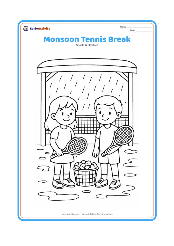 Colouring page: Two children stand under a covered court shelter after practice, holding rackets beside a basket of balls, with rain falling beyond the net and puddles outside the playing area.