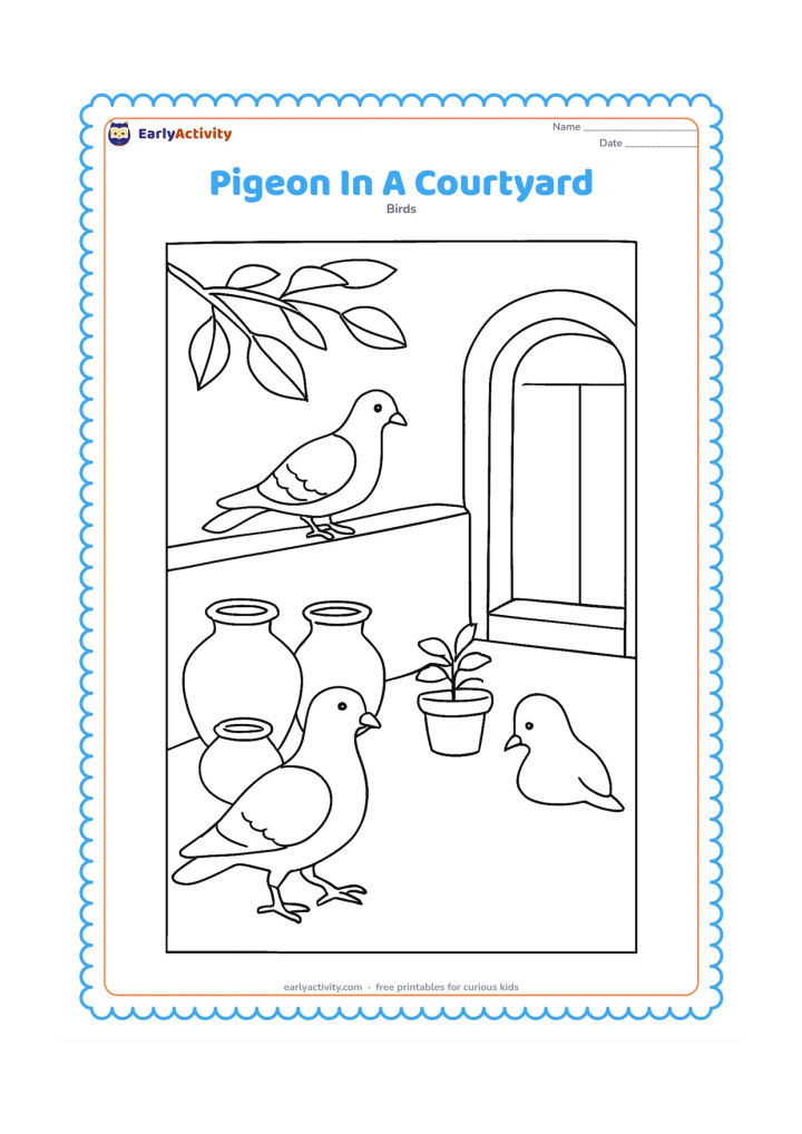 Colouring page: A pigeon walks through a peaceful Indian home courtyard beside a low wall, clay pots, a small plant, and a shaded doorway. Show a second pigeon resting on the wall.