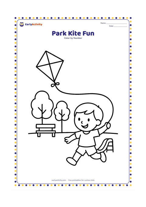 Colouring page: Draw a child running with a diamond-shaped kite in a park, with a slide, a bench, and two rounded trees behind. Let the kite string curve across the open sky.