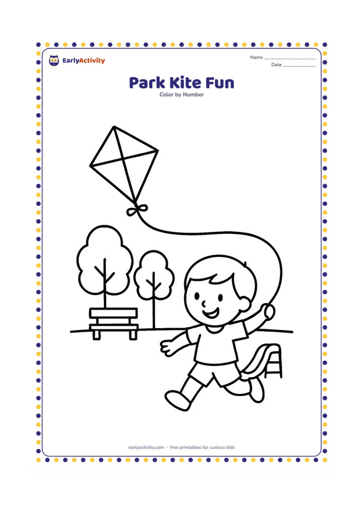 Colouring page: Draw a child running with a diamond-shaped kite in a park, with a slide, a bench, and two rounded trees behind. Let the kite string curve across the open sky.