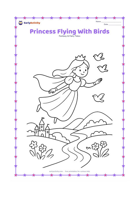 Colouring page: Draw a princess gliding gently above a storybook landscape with a flowing cape and a small flock of birds nearby. Below her, show a winding river, a castle, hills, and flower patches.