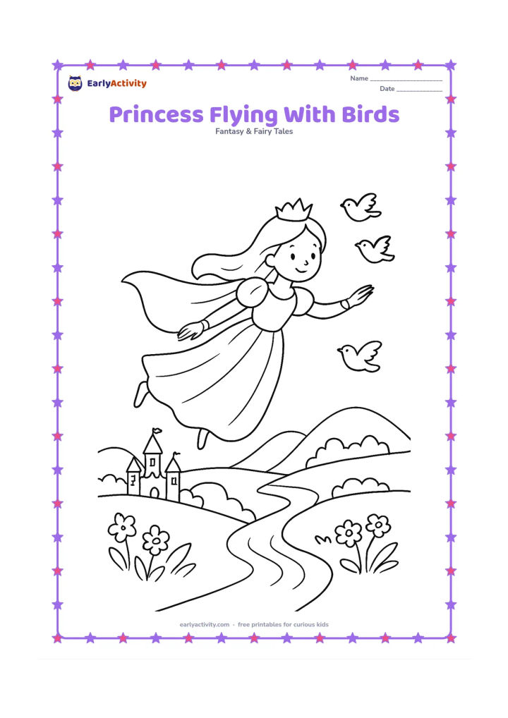 Colouring page: Draw a princess gliding gently above a storybook landscape with a flowing cape and a small flock of birds nearby. Below her, show a winding river, a castle, hills, and flower patches.