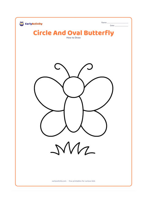 Worksheet: Show a butterfly built from simple circles and ovals: a round head, oval body, two large oval upper wings and two smaller lower wings. Arrange the shapes clearly with two curved antennae…