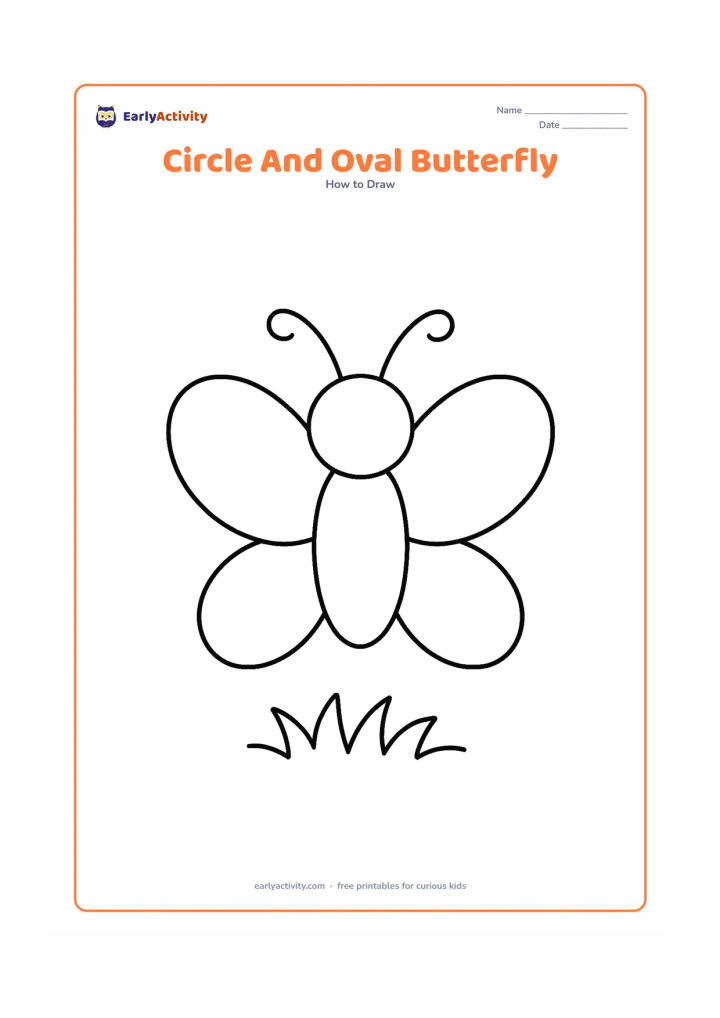 Worksheet: Show a butterfly built from simple circles and ovals: a round head, oval body, two large oval upper wings and two smaller lower wings. Arrange the shapes clearly with two curved antennae…