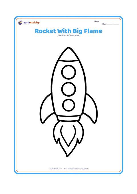 Colouring page: Draw a front-facing rocket hovering above the ground with one very large flame, two fins and three oversized round windows.