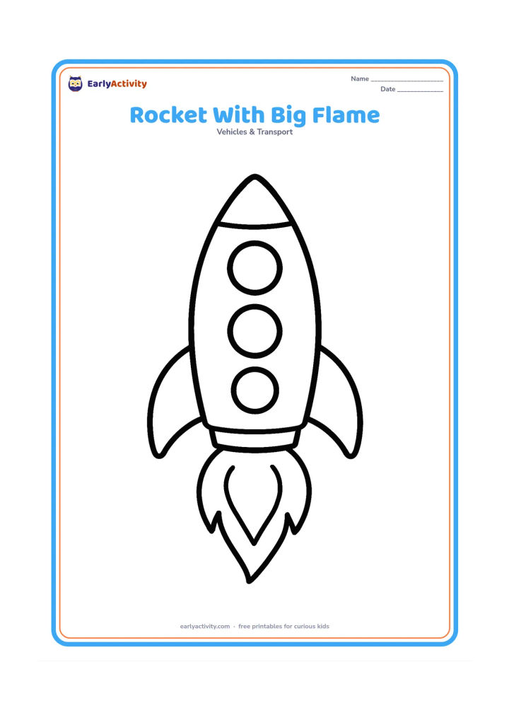Colouring page: Draw a front-facing rocket hovering above the ground with one very large flame, two fins and three oversized round windows.