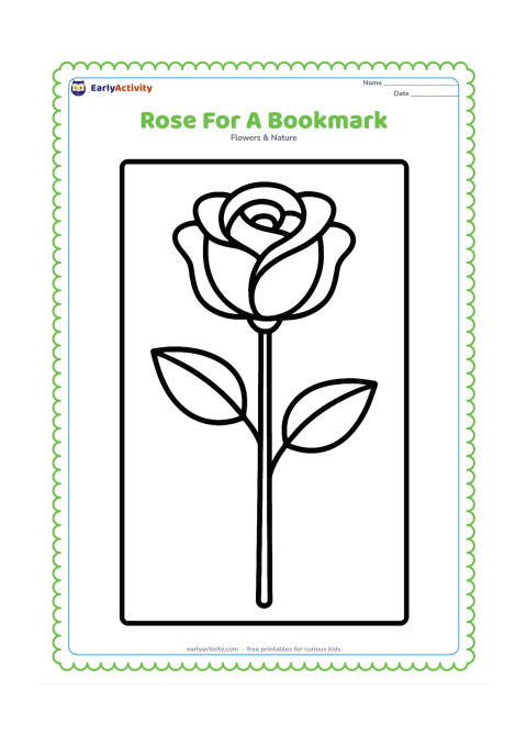 Colouring page: Draw one tall rose stem with a large bloom, leaves, and a simple rectangular border around the composition, suitable for colouring and cutting out as a bookmark.